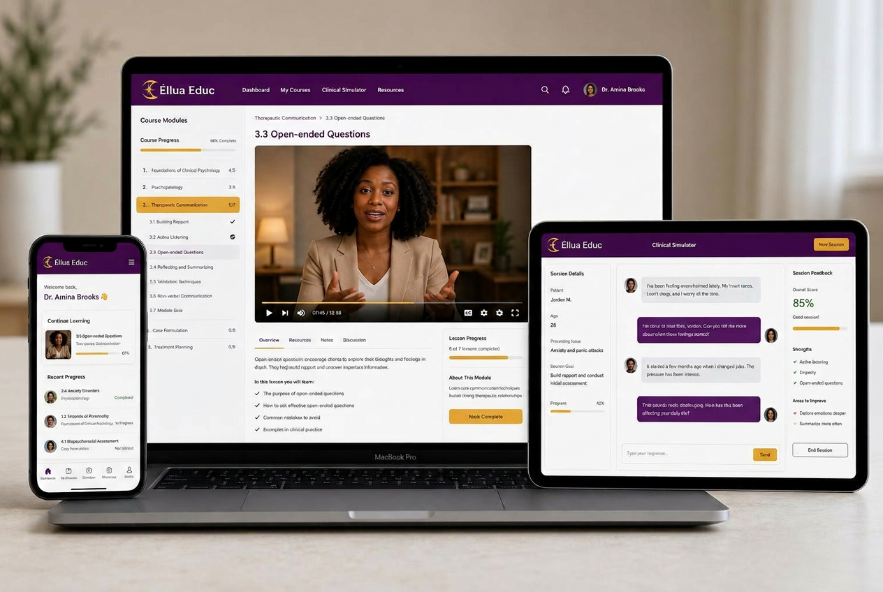 Éllua Educ platform shown on laptop, tablet and smartphone — clinical simulator, course modules and microlearning